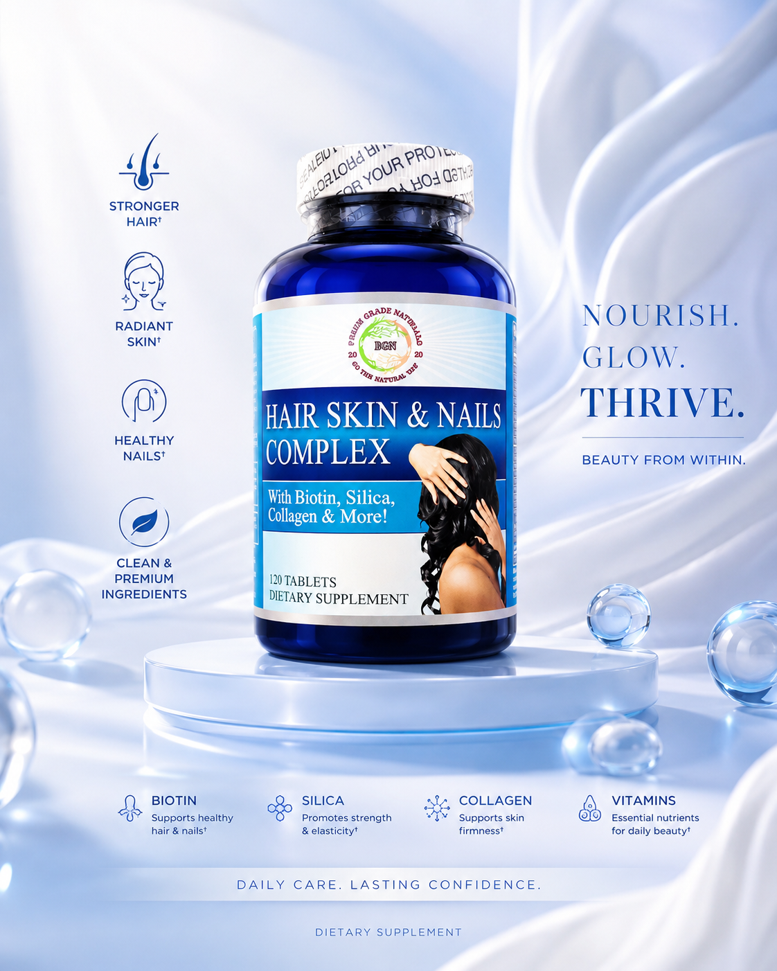 Hair Skin & Nails Complex – Biotin, Silica, Collagen & Essential Nutrients | 120 Tablets