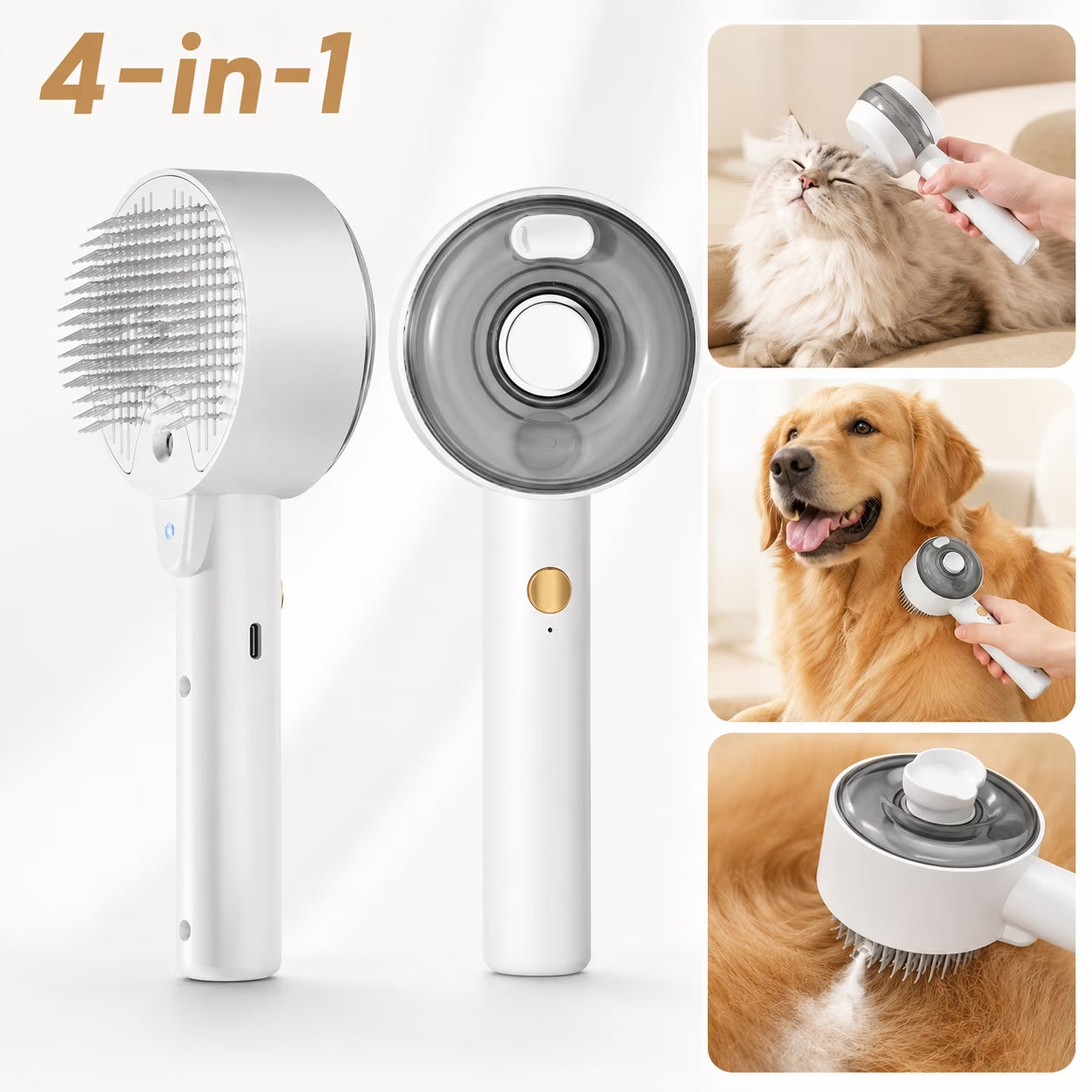 Cat Brush - 4-In-1 Cat Steam Brush for Shedding, Self-Cleaning, Grooming & Massage, Pet Spray Hair Removal Comb for Indoor Cats & Dogs, Long/Short Hair, Furry Pet - White
