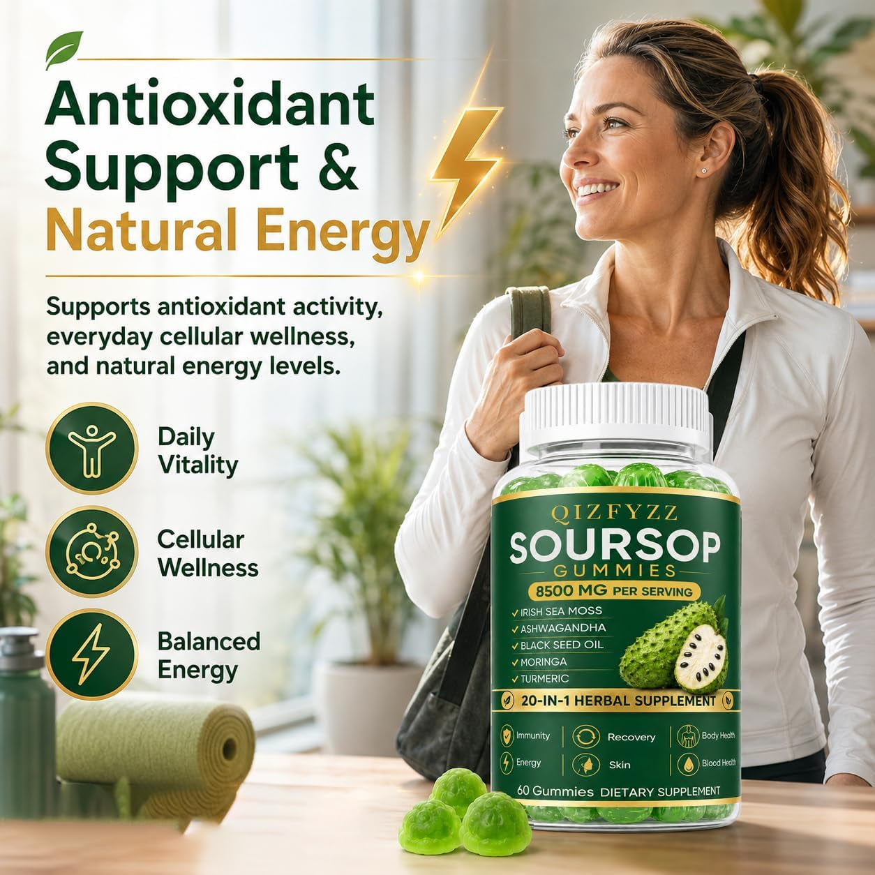 Qizfyzz Soursop Gummies, Antioxidant, Immune & Energy Support, Herbal Daily Supplement with Soursop Leaf Extract, Sea Moss, Ashwagandha, Black Seed, Moringa & Turmeric, 60 Gummies (1 Piece)