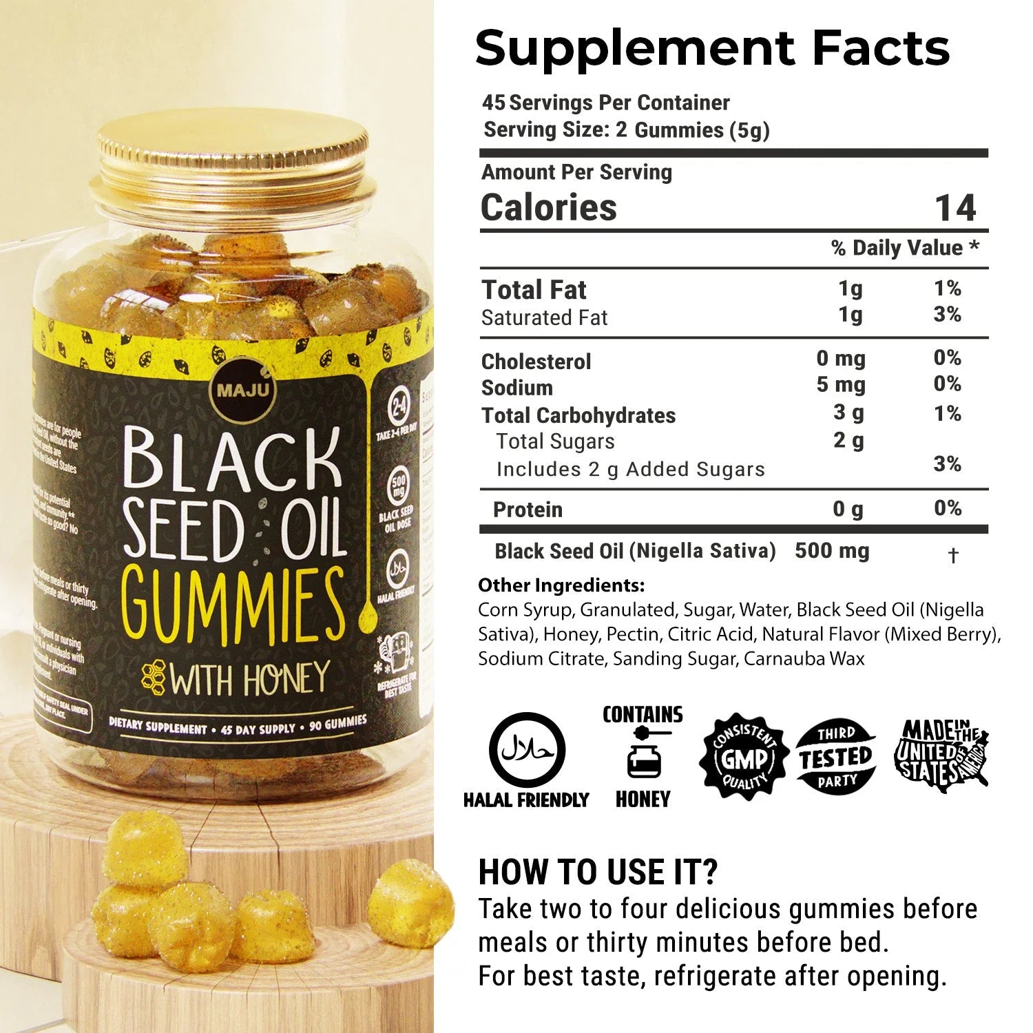 Maju'S Black Seed Oil Gummies with Honey, 90 Count - 500Mg BSO Gummy, Black Cumin Seed Nigella Sativa Oil, Cold-Pressed, Potent Formula, High Thymoquinone