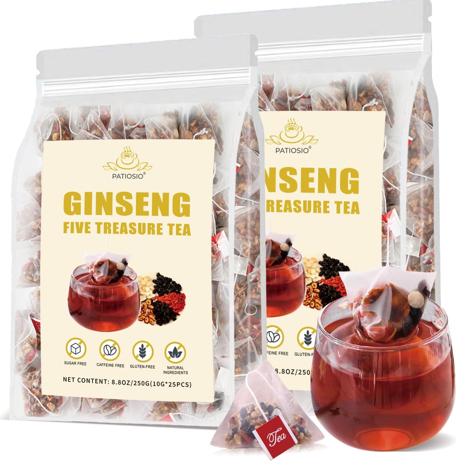 Ginseng Five Treasures Tea Kidney Tea- Wubao Tea Ginseng Six Treasure Tea, Ginseng Red Date Chinese Herbal Tea, Kidney Cleanse Detox Tea for Men & Women (2 Pack(50 Pcs))