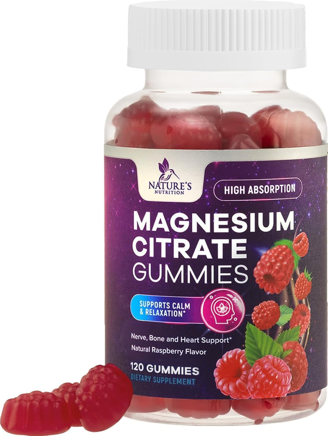 Magnesium Citrate Gummies - High Absorption Magnesium Citrate Gummy Supplement - Natural Bone, Nerve, Muscle, Calm, & Relaxation Support for Adults - Raspberry Flavor, Gluten Free, Vegan - 120 Gummies