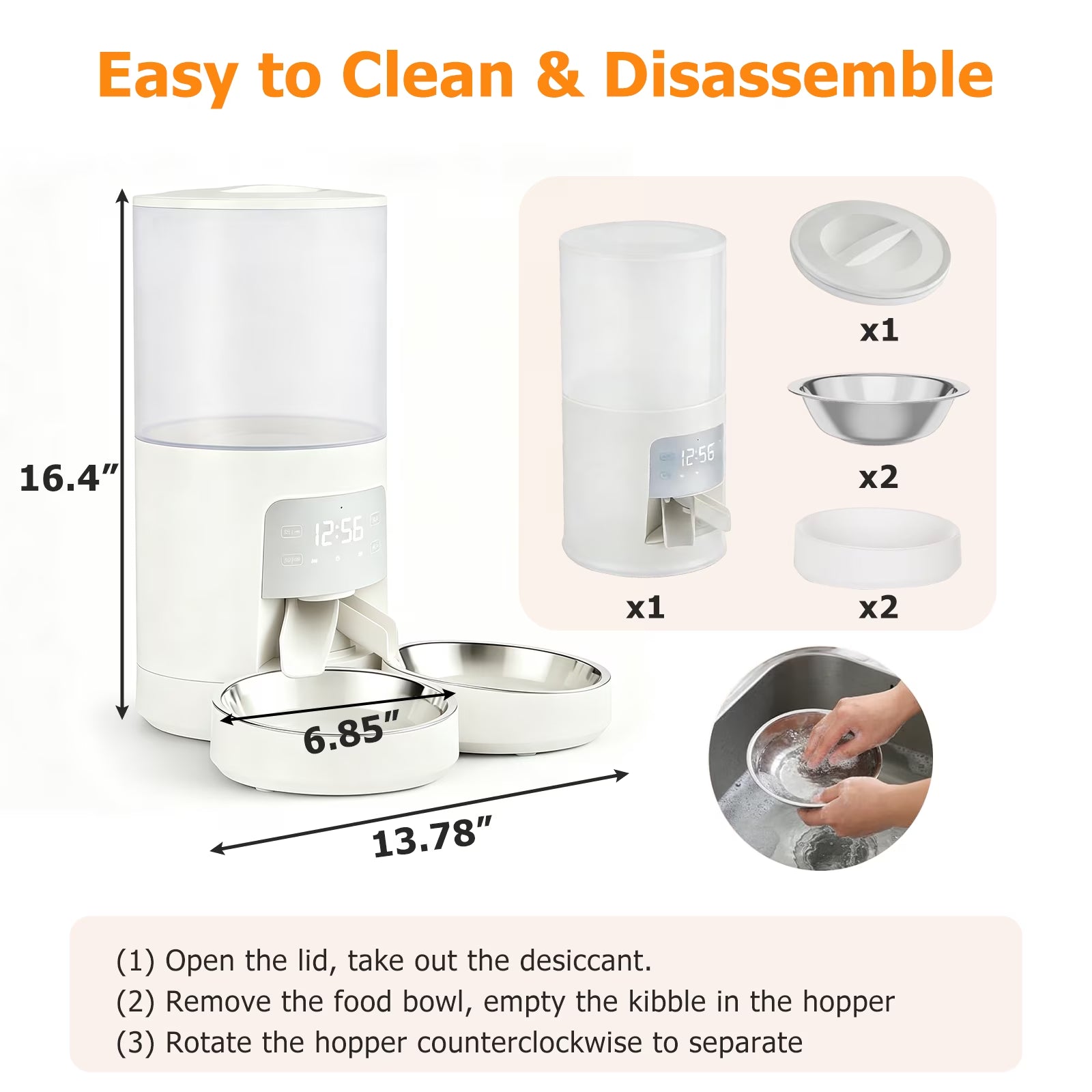 Automatic Cat Feeder, 6L Programmable Pet Food Dispenser with 2 Bowls, Dry Food, Dual Power Supply, Timed Portion Control for Cats & Small Dogs, White