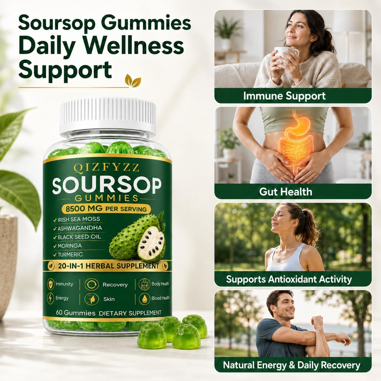 Qizfyzz Soursop Gummies, Antioxidant, Immune & Energy Support, Herbal Daily Supplement with Soursop Leaf Extract, Sea Moss, Ashwagandha, Black Seed, Moringa & Turmeric, 60 Gummies (1 Piece)