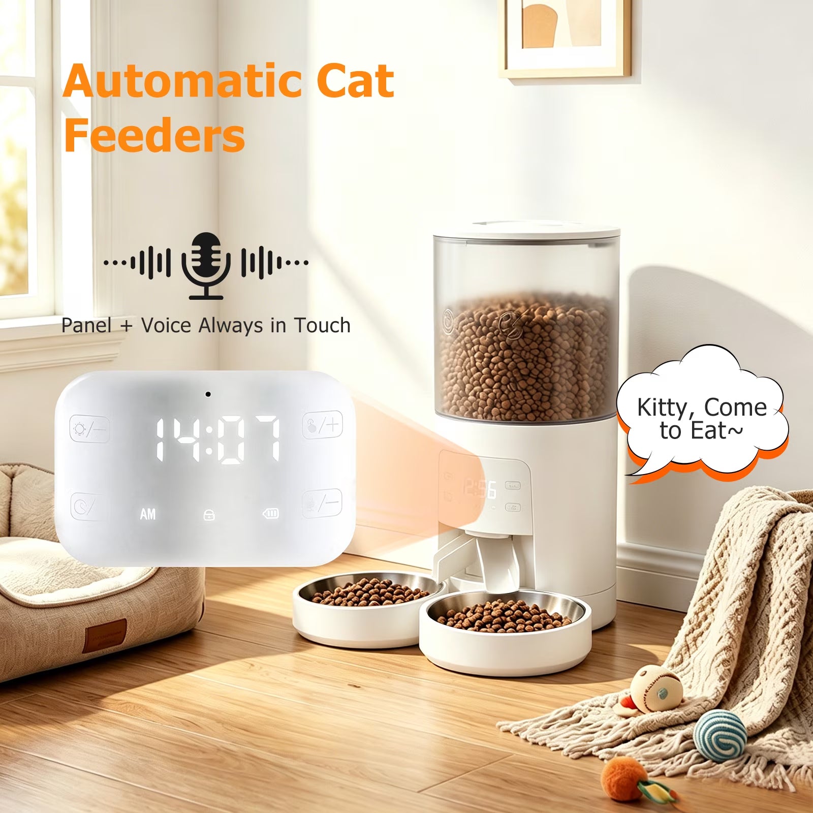 Automatic Cat Feeder, 6L Programmable Pet Food Dispenser with 2 Bowls, Dry Food, Dual Power Supply, Timed Portion Control for Cats & Small Dogs, White