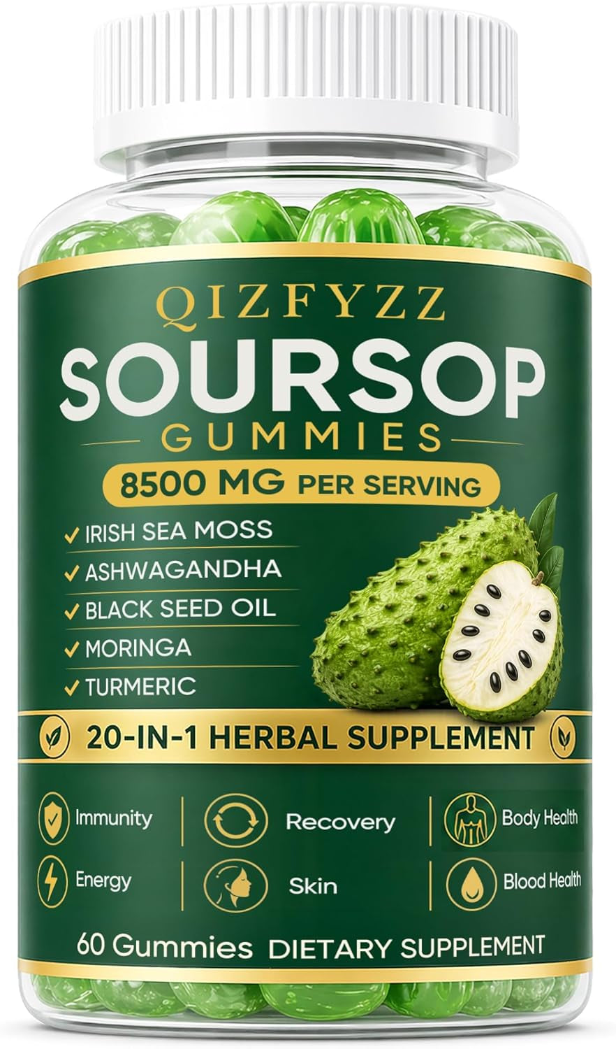 Qizfyzz Soursop Gummies, Antioxidant, Immune & Energy Support, Herbal Daily Supplement with Soursop Leaf Extract, Sea Moss, Ashwagandha, Black Seed, Moringa & Turmeric, 60 Gummies (1 Piece)