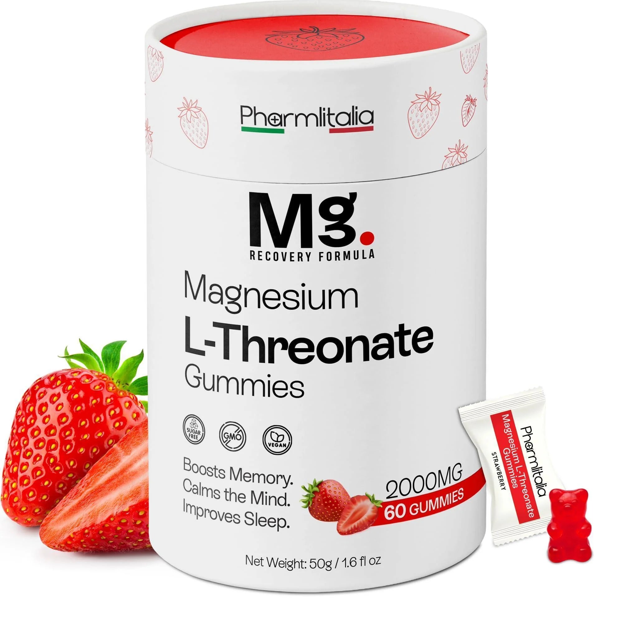 Magnesium L Threonate Gummies for Adults Kids 2000Mg Brain Supplements for Memory and Focus Calm Magnesium Gummies for Improved Sleep and Healthy Mind 60 Count Strawberry