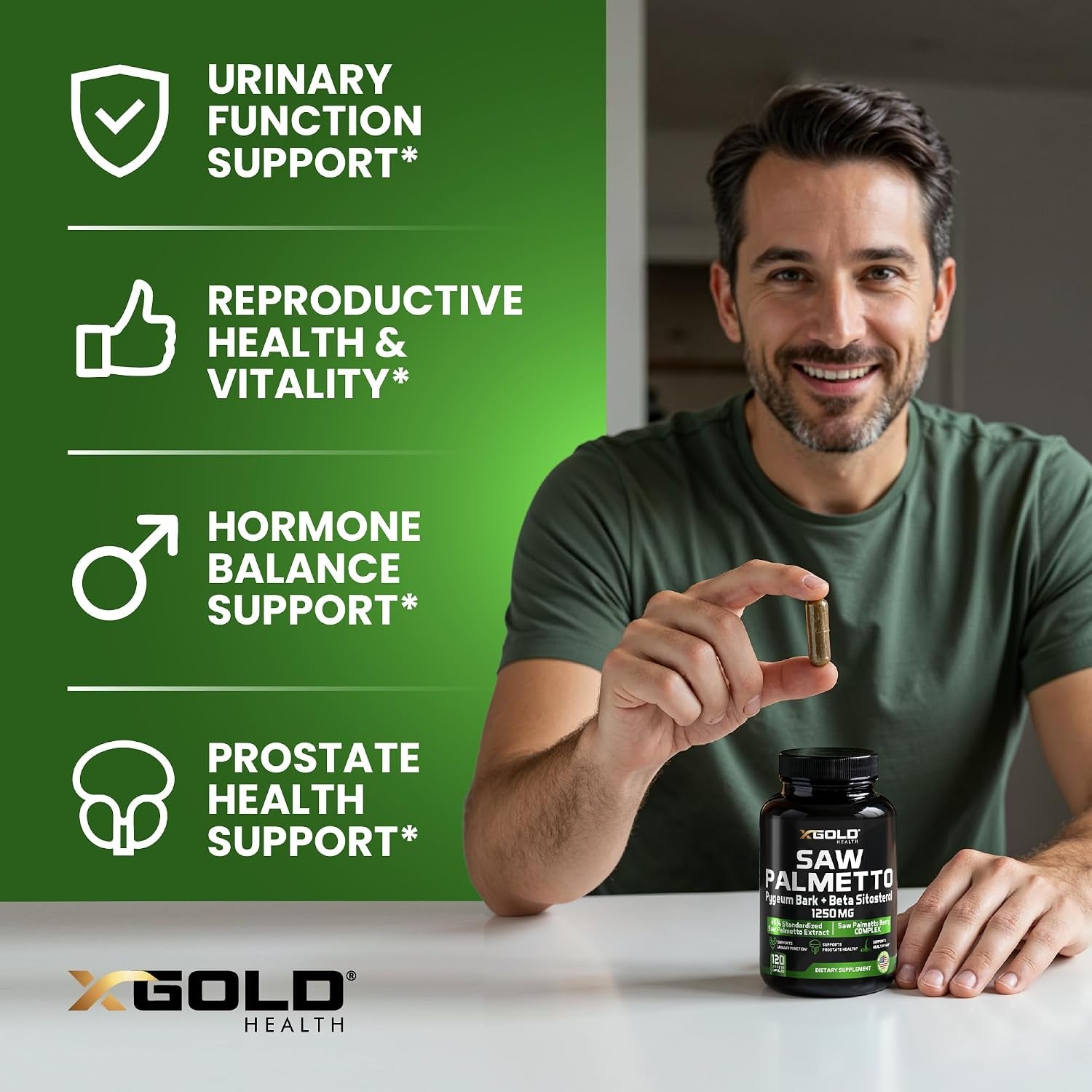 X Gold Health Saw Palmetto Complex for Men 1250Mg – Prostate & Urinary Support with Beta Sitosterol & Pygeum Bark – DHT Blocker for Hair Growth – 120 Veggie Capsules