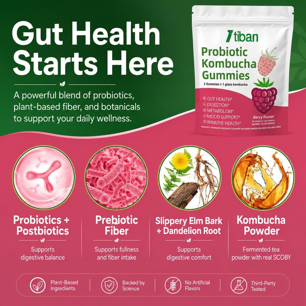 Probiotic Kombucha Gummy - Prebiotics, Probiotics, Postbiotics, Fiber Supplement, Slippery Elm for Bloating, Gut Health, Women and Men, 60Ct