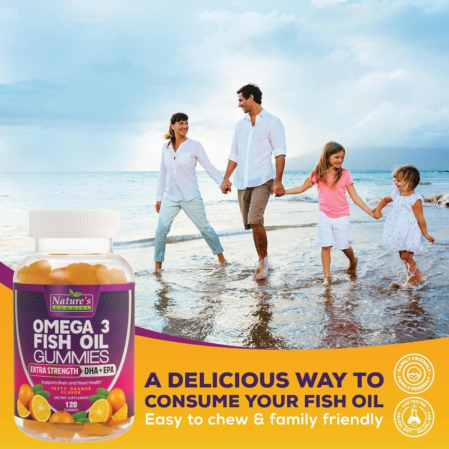 Omega 3 Fish Oil Gummies - Extra Strength Omega-3 Supplement with High Absorption EPA & DHA - Best Essential Fatty Acids for Heart Health, Brain & Joint Support, Non-Gmo Orange Flavor - 120 Gummies