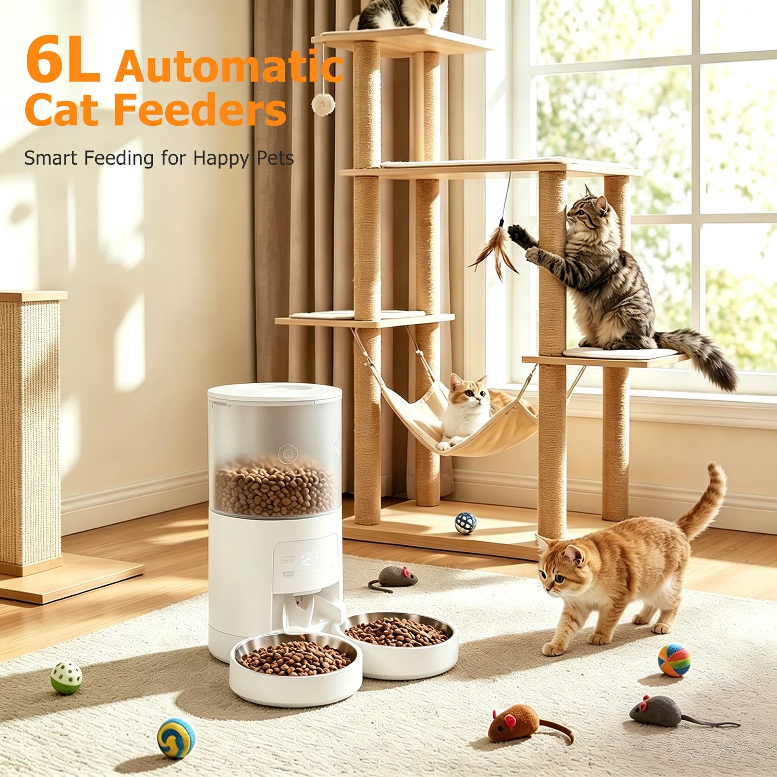 Automatic Cat Feeder, 6L Programmable Pet Food Dispenser with 2 Bowls, Dry Food, Dual Power Supply, Timed Portion Control for Cats & Small Dogs, White