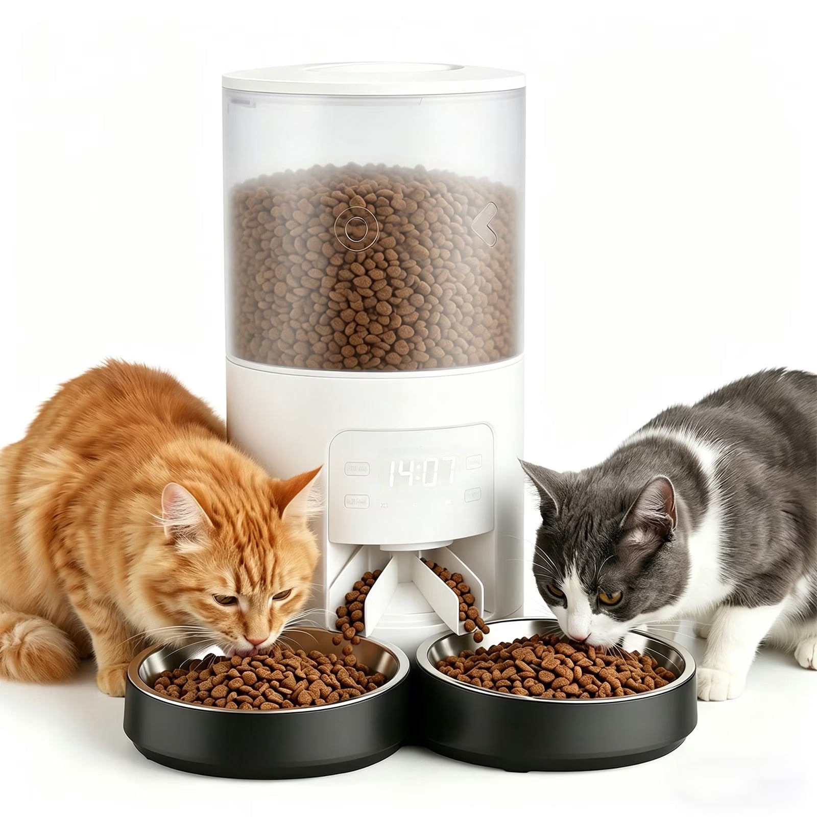 Automatic Cat Feeder, 6L Programmable Pet Food Dispenser with 2 Bowls, Dry Food, Dual Power Supply, Timed Portion Control for Cats & Small Dogs, White