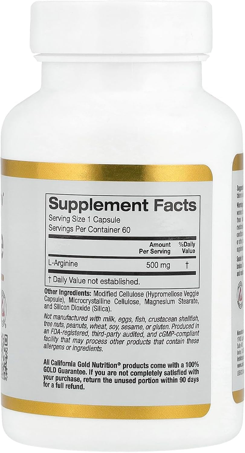 California Gold Nutrition L-Arginine, 500 Mg, 60 Veggie Capsules
