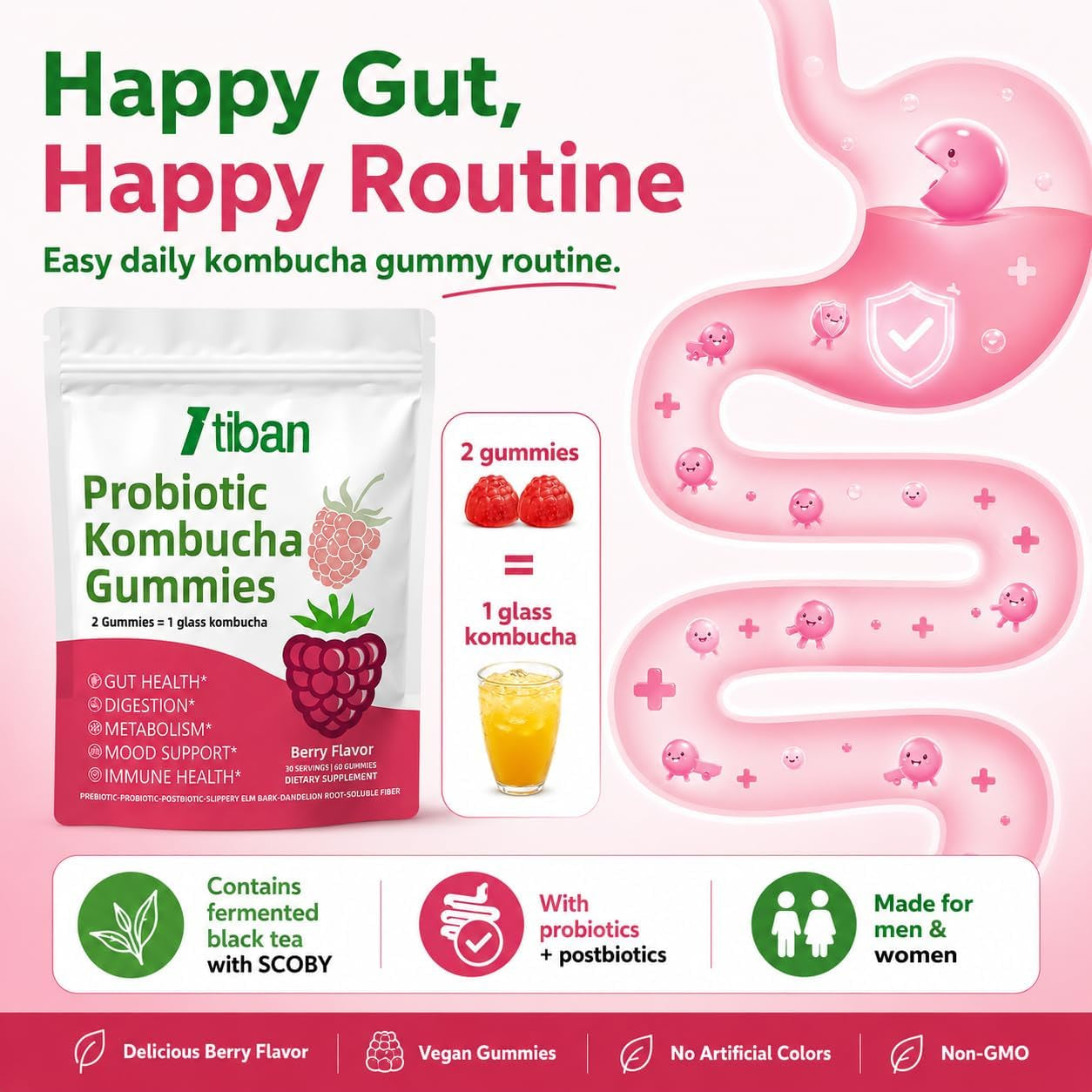 Probiotic Kombucha Gummy - Prebiotics, Probiotics, Postbiotics, Fiber Supplement, Slippery Elm for Bloating, Gut Health, Women and Men, 60Ct