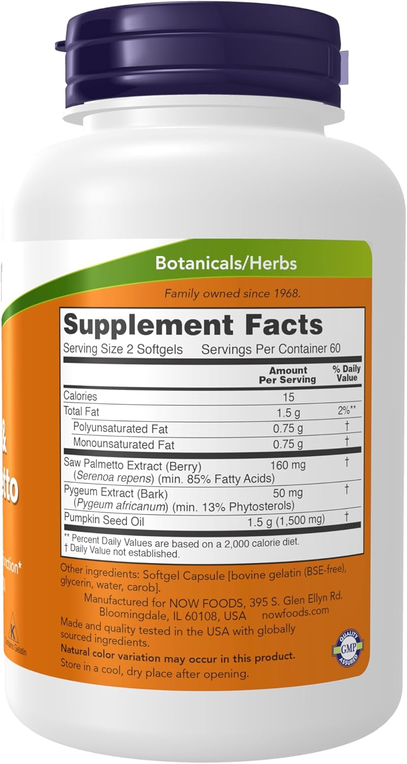 NOW Foods Supplements, Pygeum & Saw Palmetto with Pumpkin Seed Oil, Men'S Health*, 120 Count(Pack of 1)