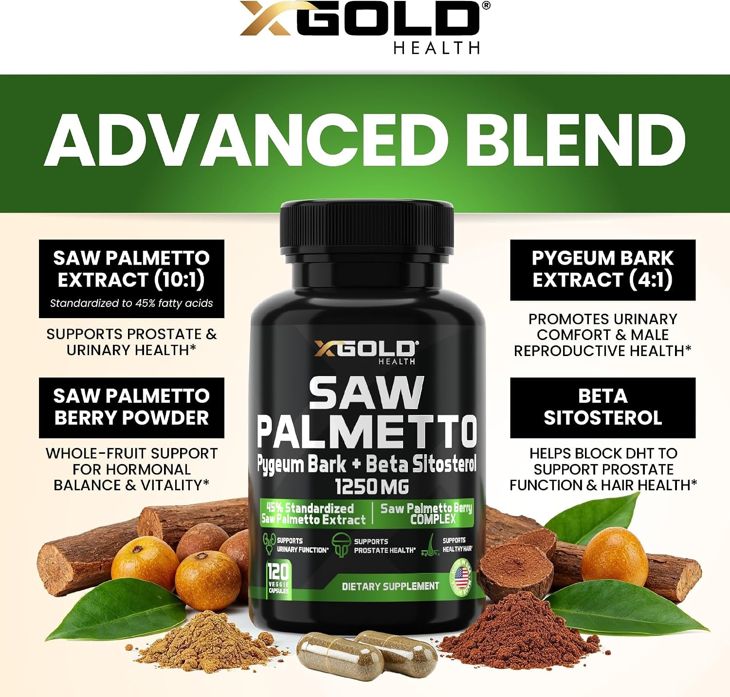 X Gold Health Saw Palmetto Complex for Men 1250Mg – Prostate & Urinary Support with Beta Sitosterol & Pygeum Bark – DHT Blocker for Hair Growth – 120 Veggie Capsules