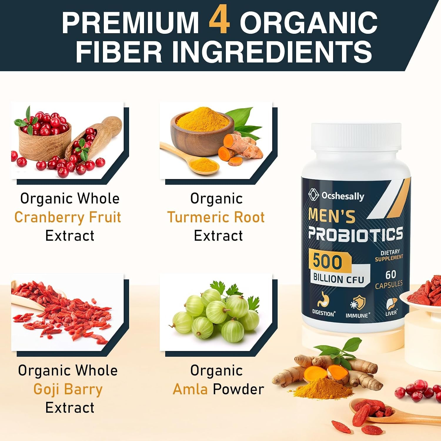 Probiotics for Men, 500 Billion Cfus & 12 Strains Mens Probiotic, with Turmeric, Cranberry, Goji - Probiotics for Digestive Health, Gut, Immune & Bloating, Prostate & Urinary Tract Health, 60 Capsules