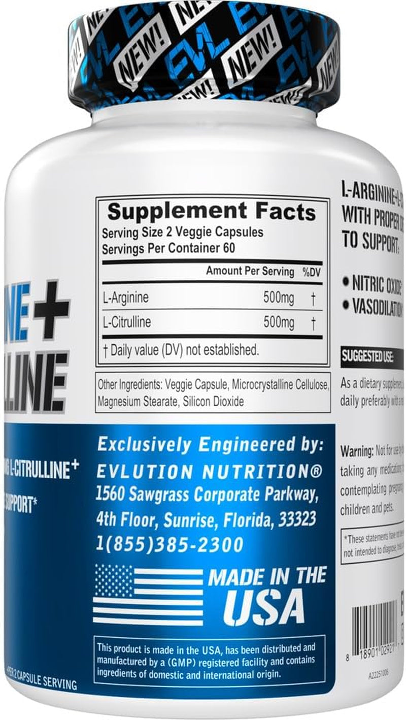 Evlution Nutrition L-Arginine + L-Citrulline - Endurance + Workout Performance Supplement - 1000Mg Complex - Vasodilation + Nitric Oxide Support - Vegan + Gluten Free Capsules - 60 Servings
