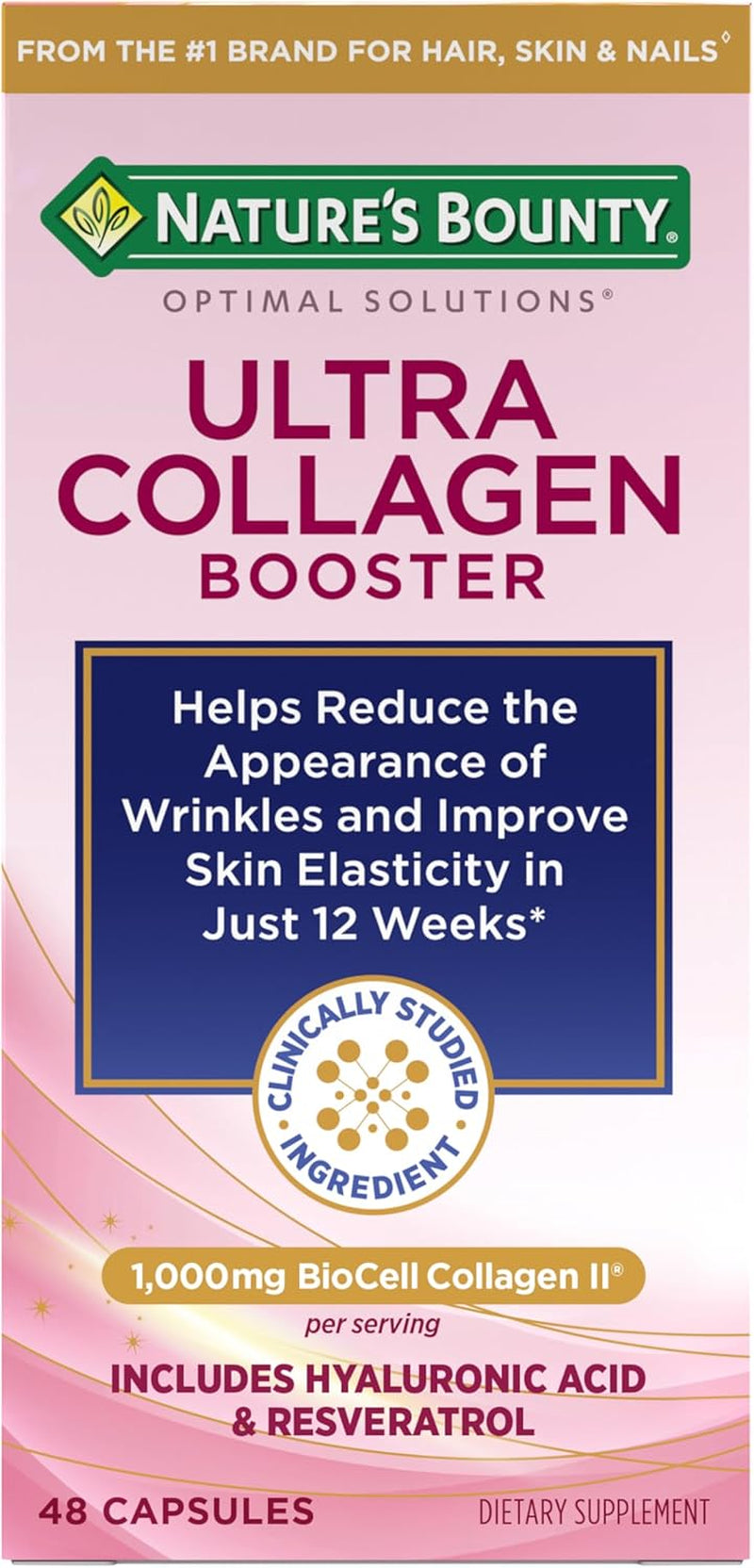 Nature’S Bounty Optimal Solutions Ultra Collagen Booster for Healthy-Aging Supplement, Resveratrol, Hyaluronic Acid – Collagen Capsules for Women, 48 Capsules