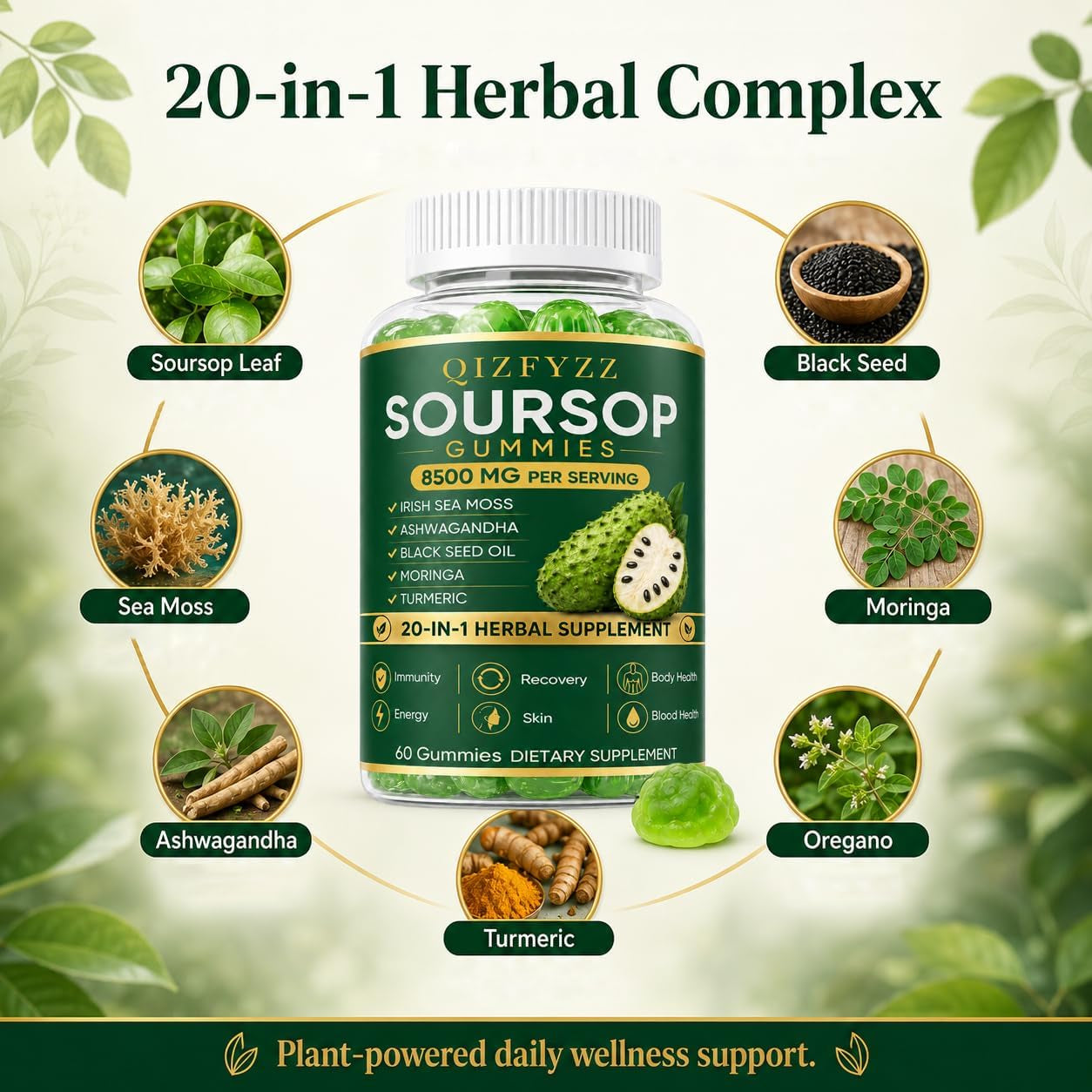 Qizfyzz Soursop Gummies, Antioxidant, Immune & Energy Support, Herbal Daily Supplement with Soursop Leaf Extract, Sea Moss, Ashwagandha, Black Seed, Moringa & Turmeric, 60 Gummies (1 Piece)